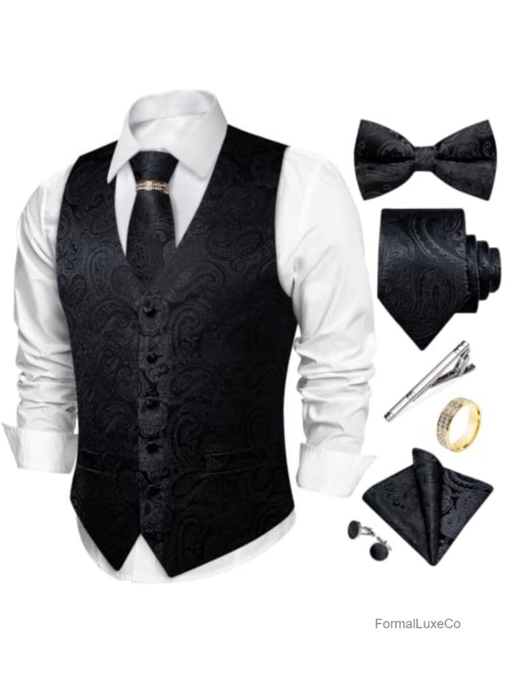 Mens Silk Vest Tie Bowtie Set 7 Piece Suit Waistcoat Formal Wedding